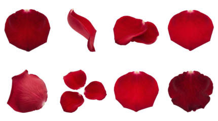 Red rose petal set including curved, falling, grouped, and single floral elements isolated. Romantic flower collection for wedding and valentines day decor.