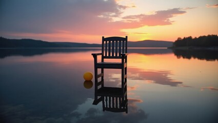 Serene sunset chair by the lake