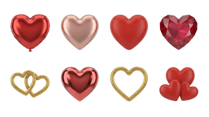 Heart shape collection including balloon, gemstone, metallic, and interlocking gold variants isolated. Romantic symbols for valentine and wedding design.