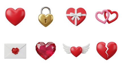 Heart icon set including 3D lock, gift box, interlocking shapes, envelope, ruby, wings, and broken versions isolated. Romantic Valentine's Day elements for love and marriage.
