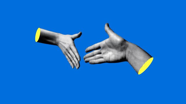 Hands give high fives. Halftone hands tied with thread. Business partners. Make a deal. Successful agreement. Trust partnership. Animated collage
