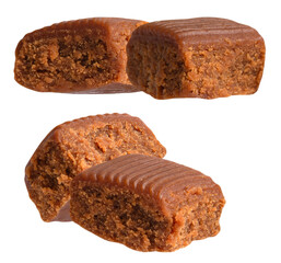 three artisanal caramel fudge squares, textured with fine ridges on top and a crumbly, rich brown interior, artfully arranged on a clean transparent background for a decadent confectionery display.