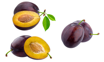 a delightful cluster of dark purple plums, featuring two whole fruits and two halves showcasing their juicy yellow flesh and stone, presented against a stark transparent background for versatile use.