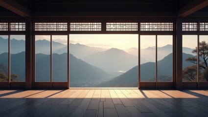 Panoramic mountain view from traditional veranda