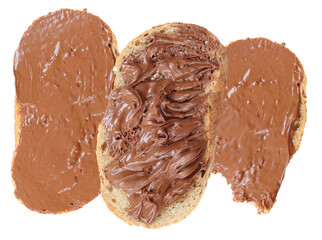 close-up overhead view of three slices of crusty sourdough bread generously spread with rich, creamy milk chocolate hazelnut spread, presented on a stark transparent background.
