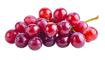 Close-up of a cluster of ripe, reddish-purple grapes with a green stem against black
