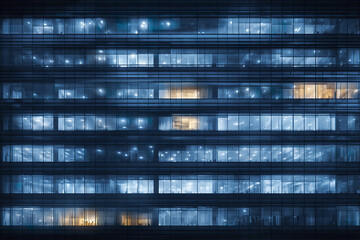Modern office building facade with blue tinted glass windows illuminated at night, showcasing sleek and professional architectural design with warm interior lighting
