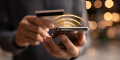 digital banking customer trends. A person using a smartphone to make a contactless payment with glowing signals.
