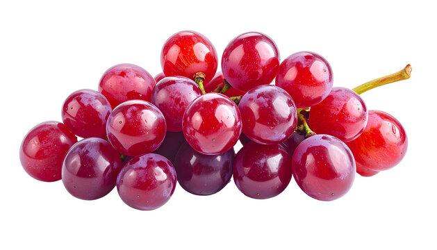 Close-up of a cluster of ripe, reddish-purple grapes with a green stem against black - Powered by Adobe