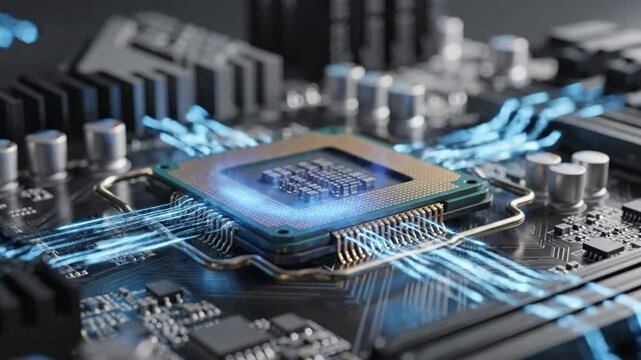 Computer CPU Chip Processing Data Visualization Depicting Processing Power and Electronic Connectivity