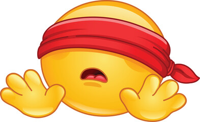 Emoji Emoticon with a Red Blindfold Bandana Covering Its Eyes, Stretching Its Hands Forward in Confusion, Expressing Feeling Lost, Unsure, or Searching for Direction.