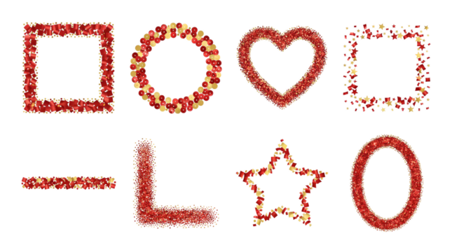 Red and gold glitter frame set including square, heart, star, circle, and border shapes isolated. Decorative confetti and sequin festive collection. - Powered by Adobe