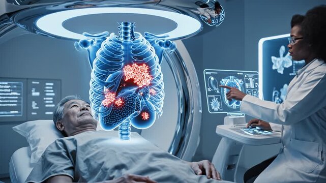 Holographic chest scan highlighting lung tumor above senior patient hospital bed with female doctor reviewing radiology imaging and touchscreen controls elderly man undergoing advanced brain scan