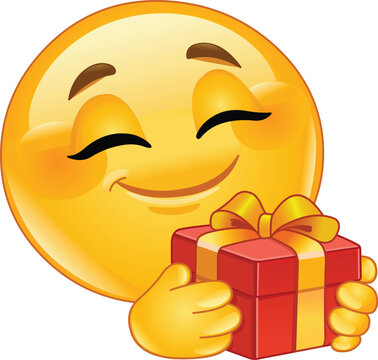 Happy Emoji Emoticon Holding a Wrapped Gift Box