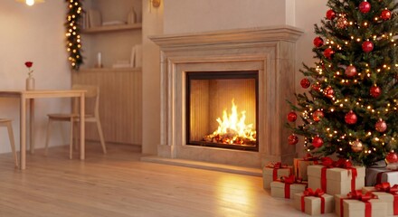 Cozy Christmas living room interior with a warm fireplace, decorated Christmas tree and wrapped gift boxes. Festive winter home atmosphere with soft lights and holiday decor. Perfect for Christmas
