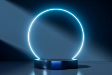 Dark luxury podium with glossy reflections and dramatic studio lighting on a minimalist background, ideal for premium product presentation, branding, and modern design, 3d rendering