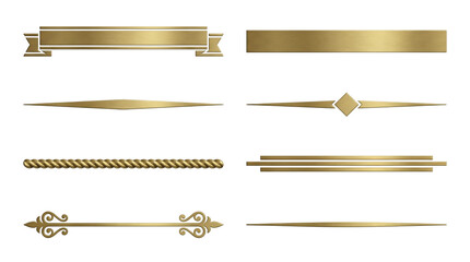 Gold metal divider set including ribbon banner, rope line, diamond accent, and flourished borders isolated. Elegant decorative elements for invitation and certificate design.