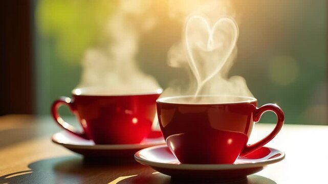 In a cozy cafe, two red coffee mugs sit on a table, steam rising in the shape of hearts, symbolizing love and warmth. Valentine's Day.