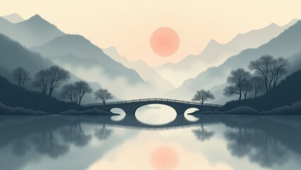 Serene mountain bridge at sunset