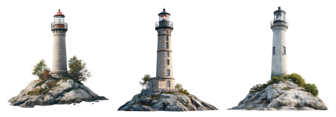 Collection of Three Unique Lighthouses on Rocky Coastal Landscape, PNG bundle collection, Isolated on Transparent Background
