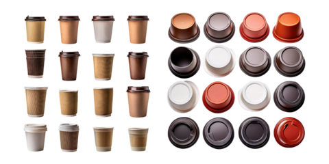 Variety of Coffee Cups and Lids on Transparent Background