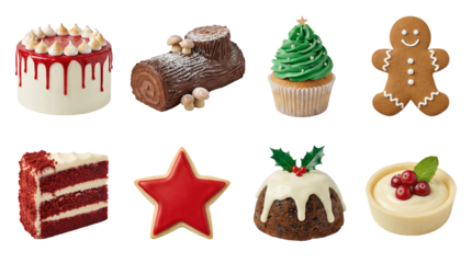 Christmas dessert set including gingerbread man, yule log, red velvet cake, star cookie, cupcake, pudding, and tartlet isolated. Festive bakery and holiday treats collection.