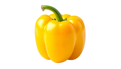 Isolated bright yellow bell pepper with green stem on a stark black background
