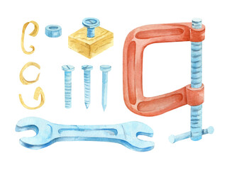 Watercolor woodworking tools set including C-clamp, wrench, screws, nails and wood block. Hand painted carpentry elements isolated on white for DIY, workshop, construction and craft design.