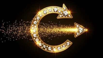 Elegant golden circular arrow symbol encrusted with brilliant sparkling diamonds emitting a luminous trail of shimmering golden dust against a stark black background symbolizing renewal and progress