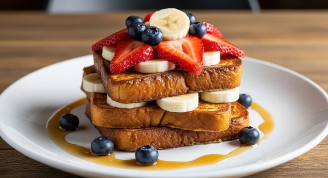 A Tall Stack of Golden French Toast Adorned With Fresh Strawberries Blueberries and Banana Slices Drizzled with Syrup