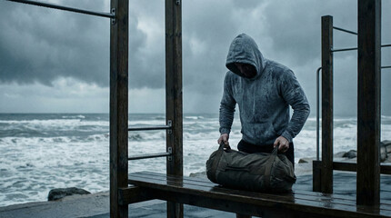 Hooded man sitting on pier during stormy weather with waves