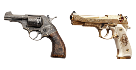 Vintage Revolver and Ornate Pistol on Transparent Background, PNG bundle collection, Isolated on Transparent Background