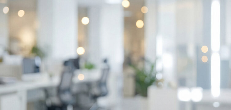 Modern office environment featuring blurred backgrounds. Bright lighting, contemporary furniture, and natural elements create an inviting workspace atmosphere.