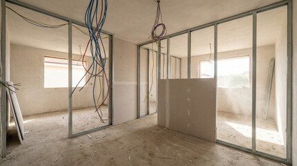 Empty unfinished room with exposed wiring and glass doors
