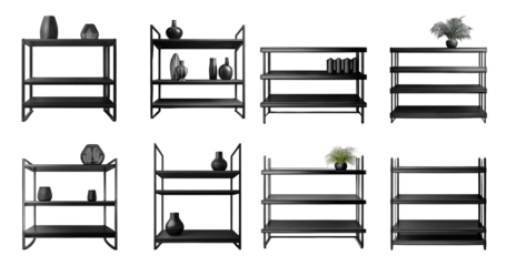 Modern Minimalist Black Shelves with Decorative Accessories Display, PNG bundle collection, Isolated on Transparent Background