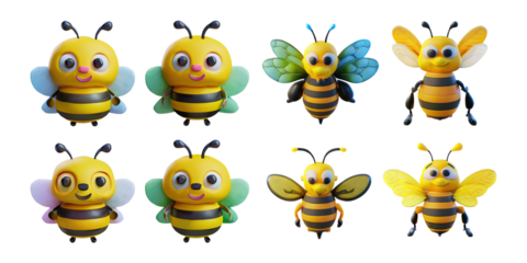 Cute Cartoon Bees Collection for Fun Designs, PNG collection, set bundle, isolate on transparent or white background