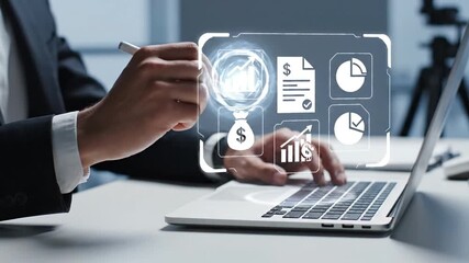 Professional hands interacting with a virtual financial data dashboard on a laptop, analyzing charts and reports for strategic business growth, investment decisions, and financial management insights. - Powered by Adobe