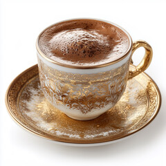 Turkish coffee served with lokum, ornate cup textures, foam layer detail, cultural beverage luxury
