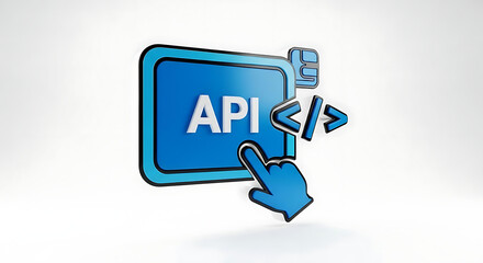 A graphic representation of an API with a blue button and a pointing hand