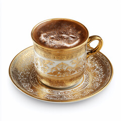 Turkish coffee served with lokum, ornate cup textures, foam layer detail, cultural beverage luxury