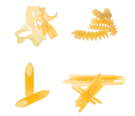 a visually appealing arrangement of four distinct dry pasta varieties including penne, fusilli, and thin sticks, showcased against a black backdrop.