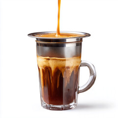 Vietnamese drip coffee with condensed milk, slow extraction visible, high-contrast beverage artistry