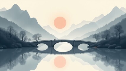 Serene mountain bridge at sunset