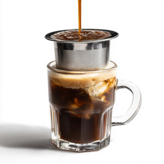 Vietnamese drip coffee with condensed milk, slow extraction visible, high-contrast beverage artistry
