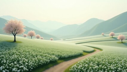 Serene valley with cherry blossoms