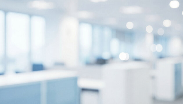 Modern office space features bright and airy atmosphere with blurred workstations and soft lighting, creating a professional and inviting environment. - Powered by Adobe