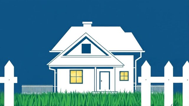 House illustration with white picket fence and blue background