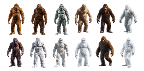 Diverse Yeti Figures Depicting Legendary Creatures of Folklore, PNG bundle collection, Isolated on Transparent Background