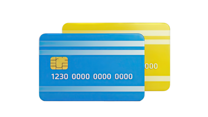 Two stylized credit cards, one blue and one yellow, with chip