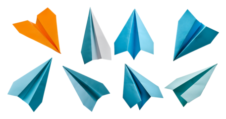 Colorful Paper Airplanes in Various Designs and Orientation, isolated on transparent background
